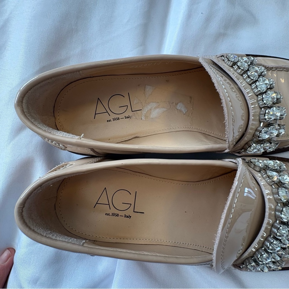 AGL Italian Lola Strass Mixed Crystal Loafers Size 39 Rhinestone Trim Beige Nude - Picture 12 of 13